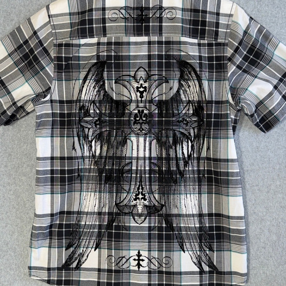Helix youth XL Plaid Short Sleeve Button Up Shirt Cross Wings Gothic HBT125006